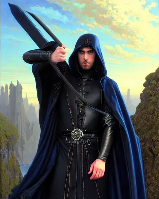 Image similar to handsome male mage fighting a giant, long black hair blue eyes wearing leather mantle gothic navy cloak with leather details, cliffside town, fantasy character portrait, ultrarealistic, intricate details, elegant, cinematic lighting, highly detailed, artstation, cgsociety, sharp focus, beautiful digital painting by artgerm, gerald brom, wlop, alphonse mucha