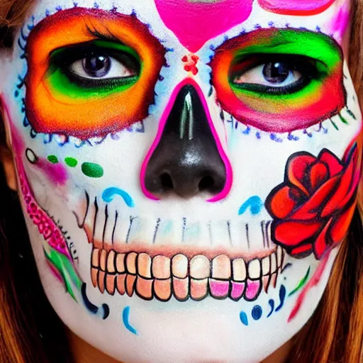 Image similar to a real - life human skull beautifully painted for dia de muertos as a sugar skull, 1 6 k resolution, ultra realistic, highly detailed, colorful, festive