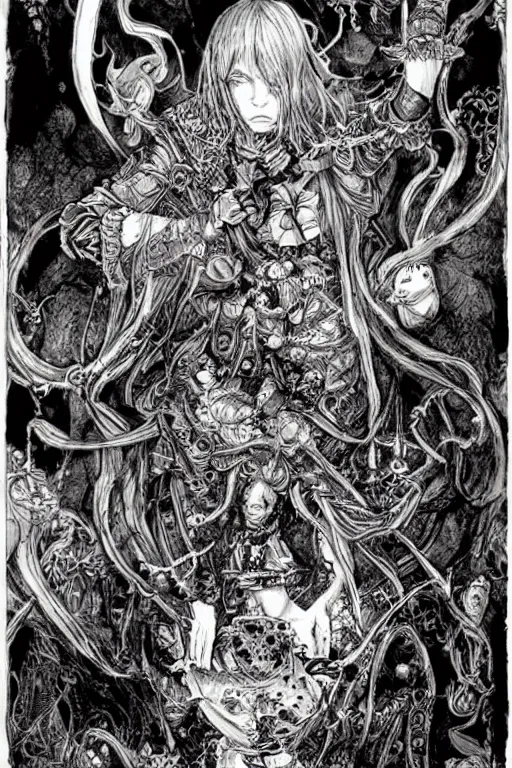 Image similar to Demon Alice in wonderland tarot card , pen and ink, intricate line drawings, by Yoshitaka Amano, Ruan Jia, Kentaro Miura, Artgerm, watercolor