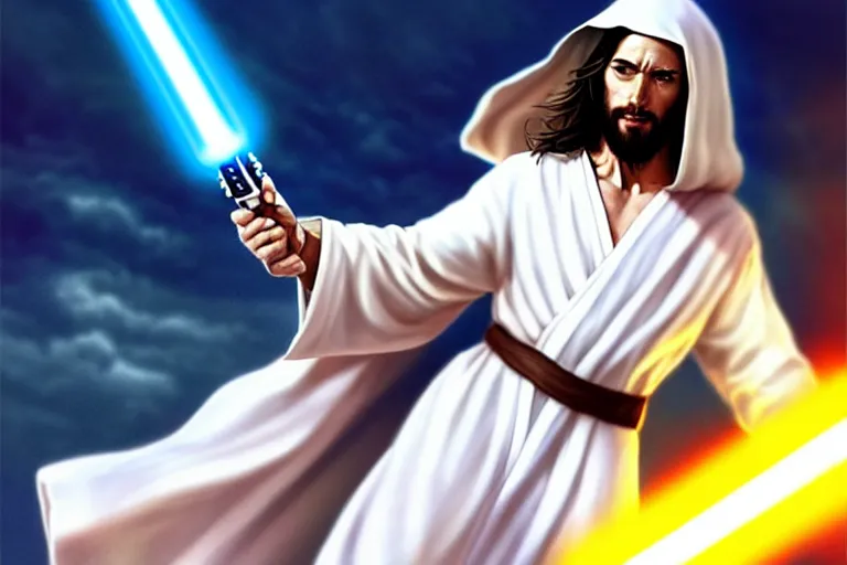 Prompt: jesus christ in a white robe striking an action pose, holding a lightsaber ; art by artgerm ; digital art ; character art ; star wars