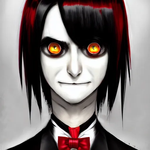 Image similar to full face shot of a butler with straight black hair and a red streak, long bangs, with black eyes, yellow pupils, creepy smile, alert, fancy bridegroom, ultra detailed, brush strokes, digital painting, cinematic, wlop artstation, pixiv, intimidating, deep darks, glare, evil, yoshitaka amano, junji ito,