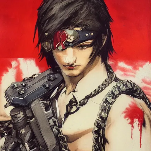 Image similar to portrait of a young white hero using his right arm to hold his sword covering his eye by yoji shinkawa, high quality, extra details, realism, ornate, colored, golden chain, blood, white skin, short hair, brown eyes, vivid, sunlight, red headband, black eyepatch, white american soldier, painting, cybernetics, military