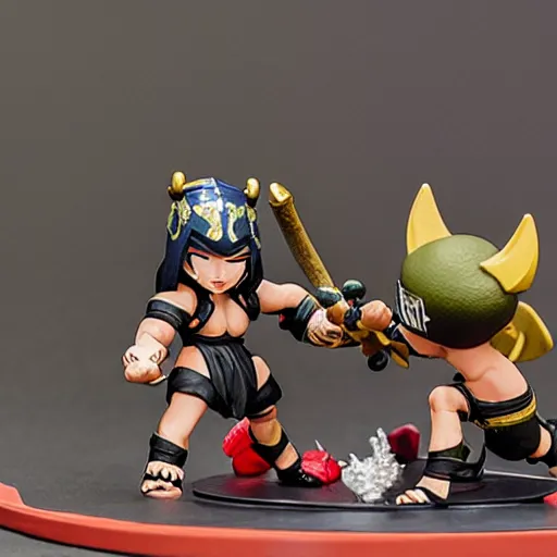 Image similar to photo of nendroid figures inside a diorama, depicting the cute fighters of mortal kombat brutally fighting each other inside a shaolin temple next to a spike - pit.