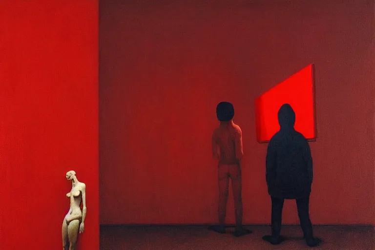 Image similar to only with red, red scammers and art thieves with disney masks, in a museum contemporary art, in the style of beksinski, parts by edward hopper, parts by rodcenko, parts by yue minjun, intricate and epic composition, red by caravaggio, insanely quality, highly detailed, masterpiece, red light, artstation, 4 k