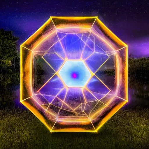 Prompt: mystical hexagonal portal in the night sky, made out of pure energy, hyperrealistic, photography