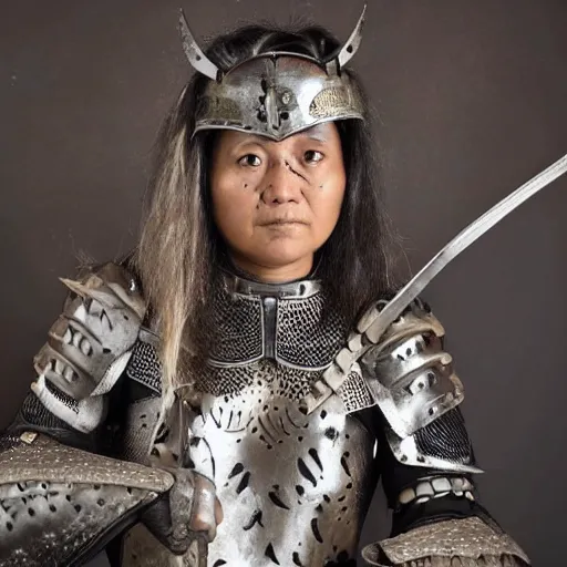 Image similar to photo of a female warrior with metal owl armour