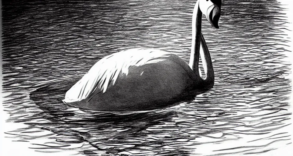 Prompt: pencil sketch of an inflatable flamingo in a swimming pool, highly detailed, dramatic lighting, intense shadows, rich deep colours, by salvador dali