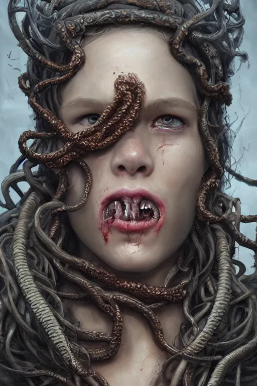 Image similar to A beuatiful portrait a horrific medusa by Greg Rutkowski, Sung Choi, Mitchell Mohrhauser, Maciej Kuciara, Johnson Ting, Maxim Verehin, Peter Konig, Bloodborne , 8k photorealistic, cinematic lighting, HD, high details, dramatic, atmospheric , trending on artstation