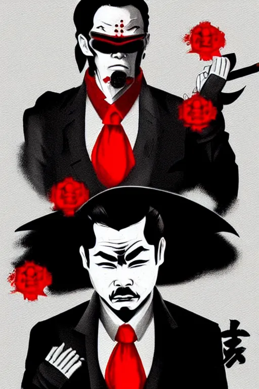 Prompt: chinnese mafia, with black suit and red tissue, some of leader have dragon tatto. digital art, concept art, pop art, bioshock art style, accurate, detailed, gta chinatown art style, cuphead art style, dynamic, face features, body features, ultra realistic, smooth, sharp focus, art by richard hamilton and mimmo rottela