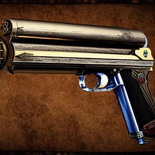 Image similar to Steampunk pistol with liquid magazine, Ultra HD, raytracing, 8k, masterpiece, realistic, extreme details, unreal engine 5,
