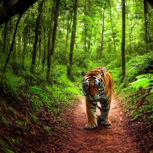 Prompt: a tiger walking through a forest, ultra wide angle, wet very green congo forest, beautiful, hd, intricate detail, majestic, volumetric lighting, ultra realistic, 4 k