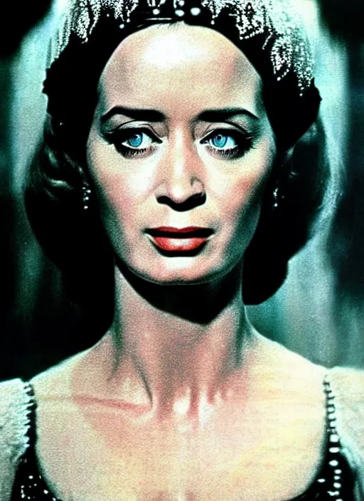 Image similar to 1973 film still from an Italian romance drama film of beautiful Emily Blunt as the goddess of black ice. staring intently at you. focused on her eyes. ultra detailed painting at 16K resolution and amazingly epic visuals. epically beautiful image. amazing effect, image looks gorgeously crisp as far as it's visual fidelity goes, absolutely outstanding. vivid clarity. ultra. iridescent. mind-breaking. mega-beautiful pencil shadowing. beautiful face. Ultra High Definition. godly shading. amazingly crisp sharpness. photorealistic film cel processed twice..