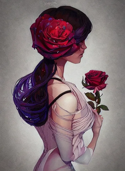 Prompt: beautiful woman wearing a dress made from stained space glass in the design of a rose. painting by artgerm and greg rutkowski and ilya kuvshinov paul lerh