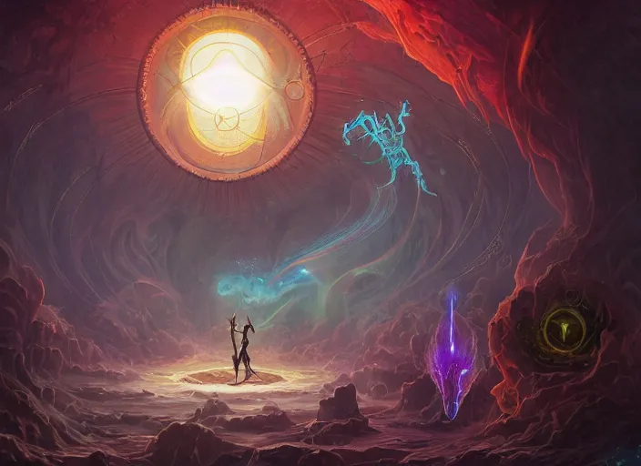 Image similar to an eldritch demigod looking into the astral portal in the great halls of the cosmos in the style of peter mohrbacher and alex grey, human, trending on artstation, unreal engine, ultra hd