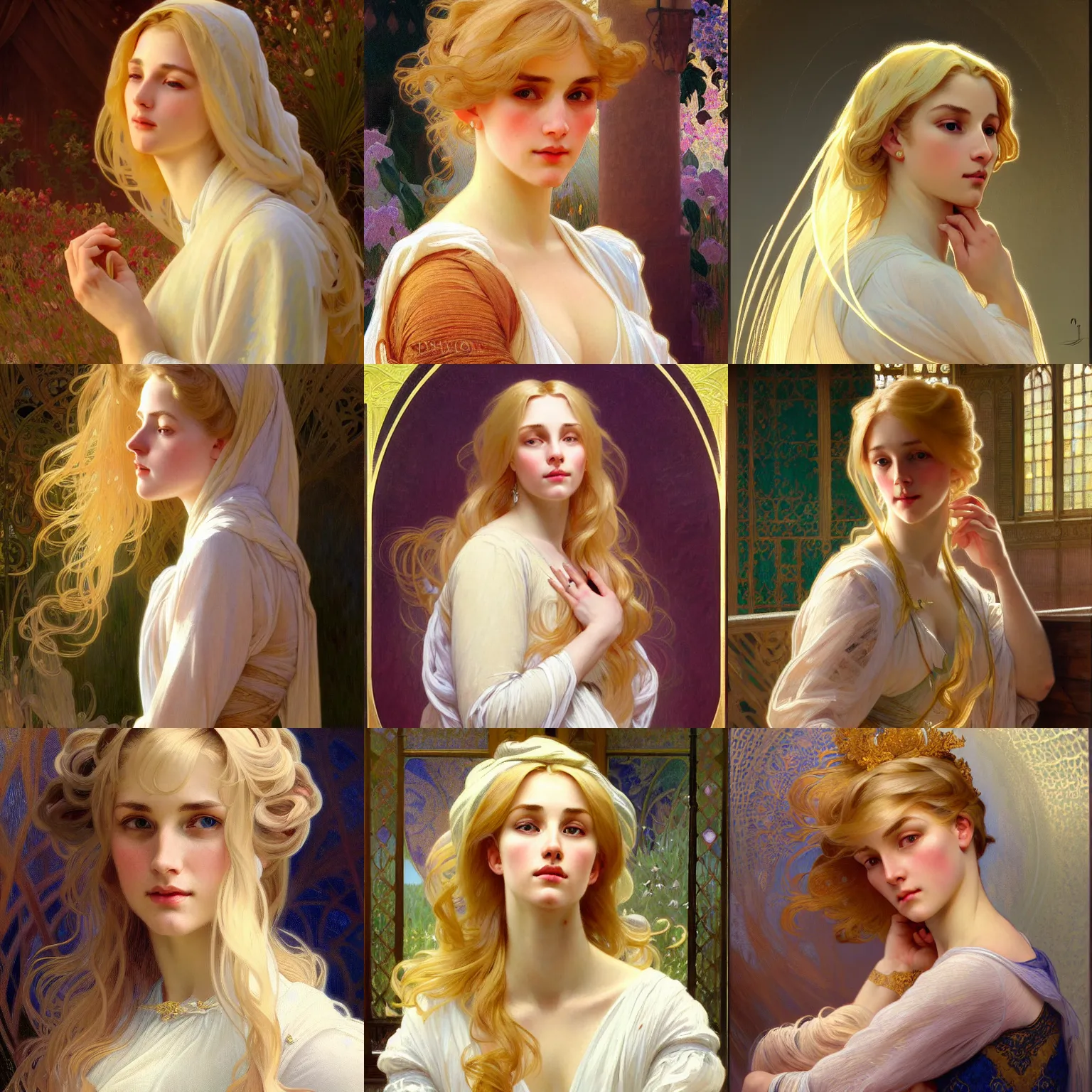 Image similar to painted portrait of a modest wife blessed by god with ever - increasing intelligence beauty and virtue. blonde, clothed holy body, light effect. feminine, powerful, in clothes! intricate, elegant, highly detailed, digital painting, artstation, concept art, smooth, sharp focus, illustration, art by gaston bussiere and alphonse mucha