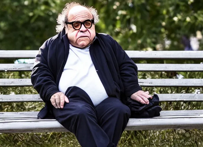 photo of sad danny devito sitting on a park bench | Stable Diffusion