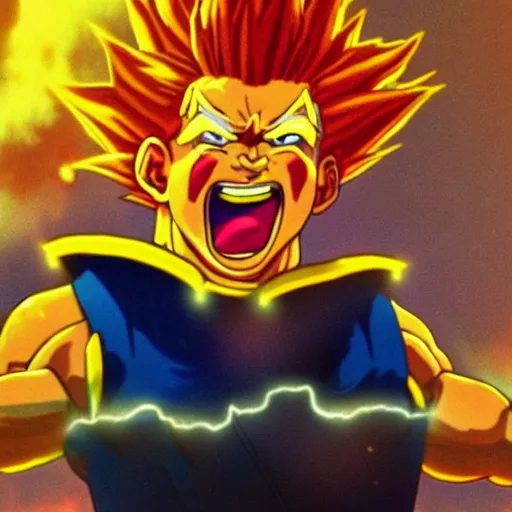 Prompt: ronald mcdonald going super saiyan 3