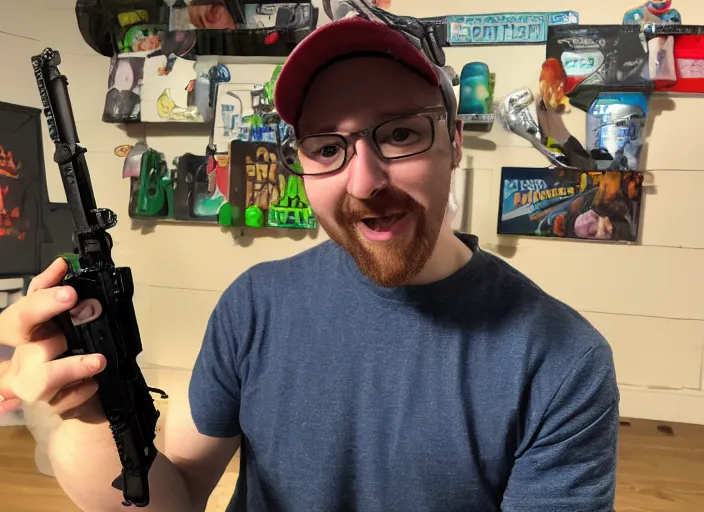 Image similar to a picture of youtuber ian mccollum of forgottenweapons, displaying an advanced gummy blaster