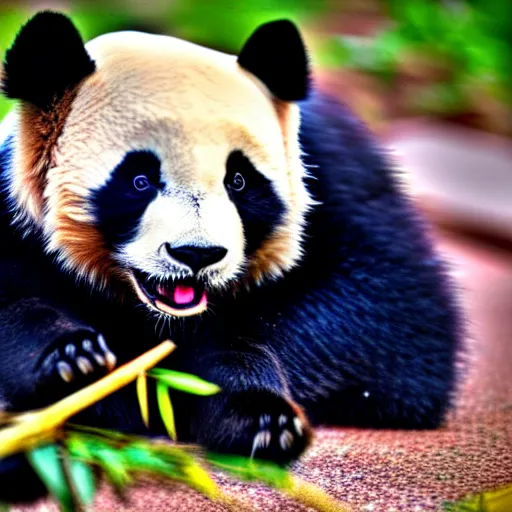 Image similar to cute pandacat, eats bambus, highly detailed, sharp focus, photo taken by nikon, 4 k