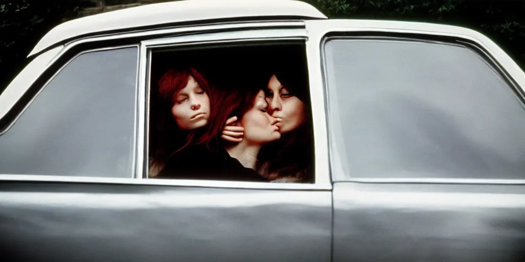 Image similar to 1 9 7 0 s car window closeup, young man and woman kissing in the back seat, coloured film photography, elliott erwitt photography