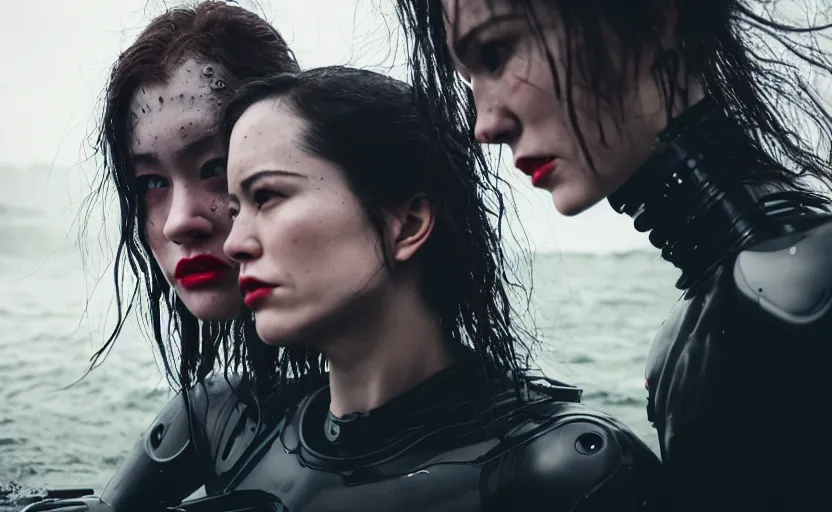 Image similar to cinestill 5 0 d candid action photographic portrait by quentin tarantino of two loving female androids wearing rugged black mesh techwear in treacherous waters, extreme closeup, modern cyberpunk tesla retrofuturism moody emotional cinematic, pouring iridescent rain, 8 k, hd, high resolution, 3 5 mm, f / 3 2, motion blur, ultra realistic faces, ex machina