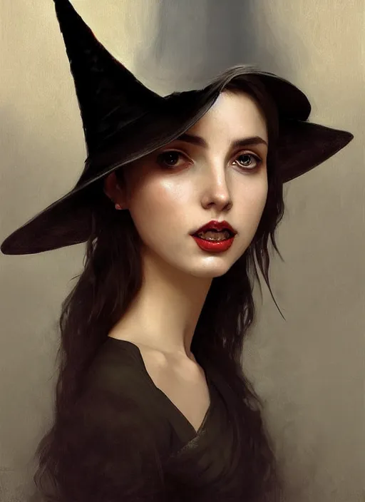 Image similar to character concept portrait of anna de armas as a witch with a big black pointy hat casting a spell, a floating burning love potion in the center, intricate, elegant, digital painting, concept art, smooth, sharp focus, illustration, from Metal Gear, by Ruan Jia and Mandy Jurgens and William-Adolphe Bouguereau, Artgerm