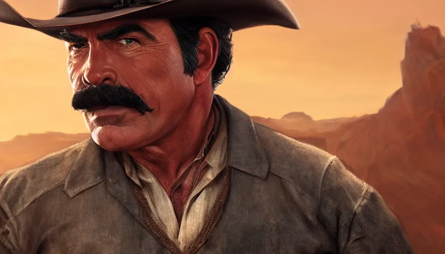 Prompt: tom selleck in a western movie, hyperdetailed, artstation, cgsociety, 8 k