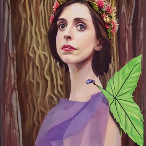 Prompt: Acrylic on canvas long shot of Alison Brie as a wood princess with a leaf dress, low-key lighting, woods background, fairy tale, nature, forest, detailed face, realistic