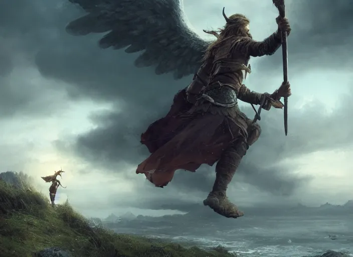 Prompt: an viking invading an angel alone, professional photography, detailed, realistic version of the style Greg Rutkowski, 4k resolution, atmospheric, breathtaking