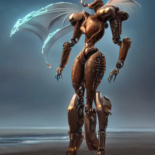 Image similar to a highly detailed beautiful anthropomorphic robot female dragon with smooth and streamlined armor, standing and posing elegantly, showing her head, with sharp claws on her hands and feet, long tail, on the beach, artstation, DeviantArt, professional, octane render