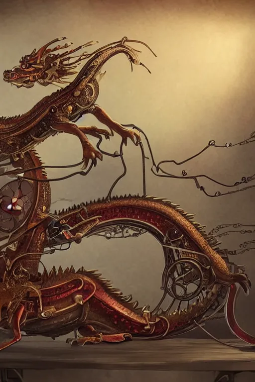 Image similar to illustration, single whole live dragon, old sick gold and crimsoned scaled asian style dragon on a steam punk plank of machinery with wires and gears and steam punk apparatus, matte painting, style of studio ghibli, concept art, featured in artstation and artgerm and pixiv, award winning, cinematic, 8 k