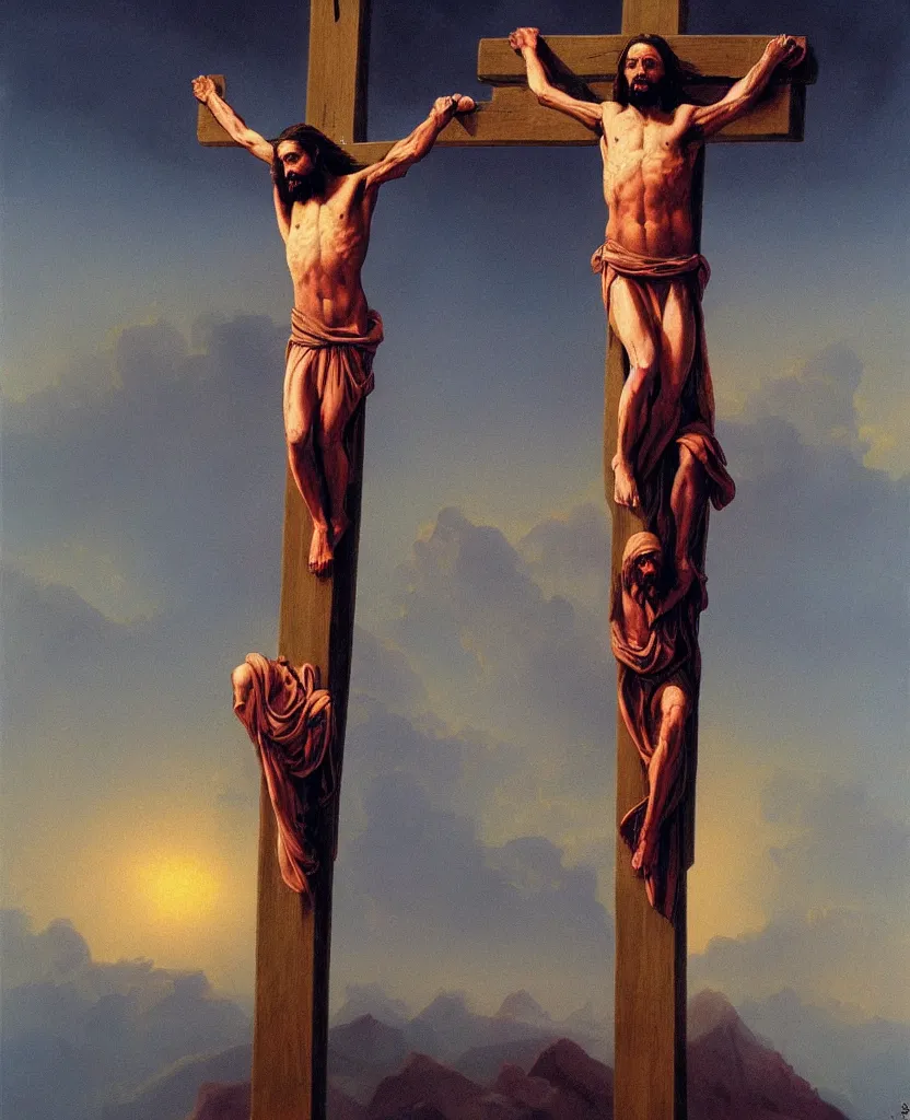 Prompt: painting of Jesus Christ on the Cross, in the style of Wayne Barlowe,