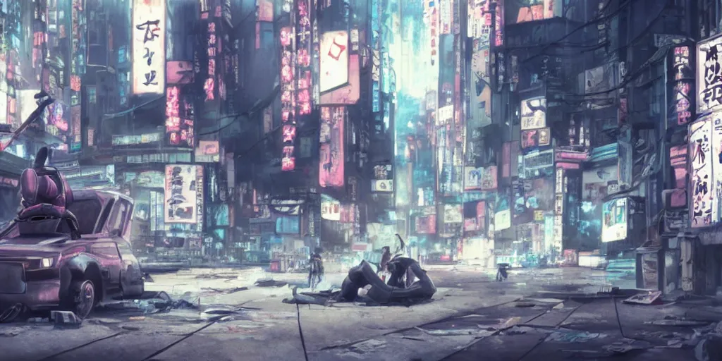 Prompt: incredible screenshot from ghost in the shell, simple watercolor, soft bloom lighting, paper texture, movie scene, a robot mecha wandering in a deserted shinjuku junk town, old pawn shop, bright sun bleached ground, cyberpunk, animatronic, black smoke, pale beige sky, junk tv, texture, strange, impossible, fur, spines, mouth, pipe brain, shell, brown mud, dust, overhead wires, telephone pole, dusty, dry, pencil marks hd, 4k, remaster, dynamic camera angle, deep 3 point perspective, fish eye, dynamic scene