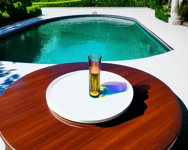 Prompt: 5 5 mm photo of tall wine glass on a zen minimalist round white table with gorgeous pool in the background. highly detailed 8 k. intricate. lifelike. soft light,