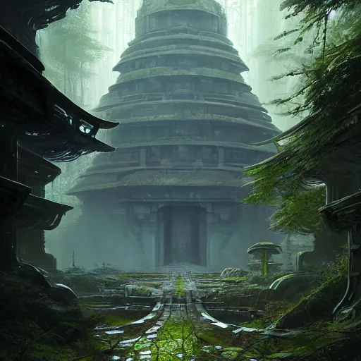 Image similar to detailed sci - fi concept art of a detailed ancient temple in an overgrown forest, depth of field, unreal engine, artstation, award - winning realistic sci - fi concept art by greg rutkowski and yoshitaka amano, in the style of james gurney.