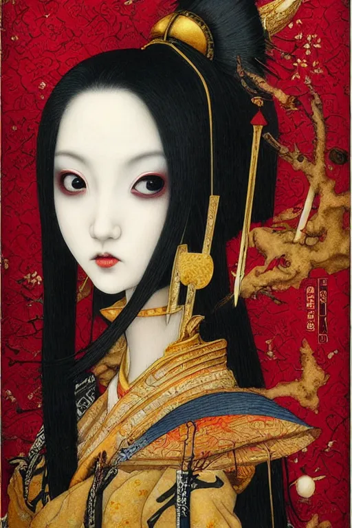 Prompt: watercolor painting of a japanese bjd geisha vampire with a long neck by tom bagshaw, ayami kojima, mark ryden in the style of thoth tarot card, dark - fantasy, red, gold leaf art, black