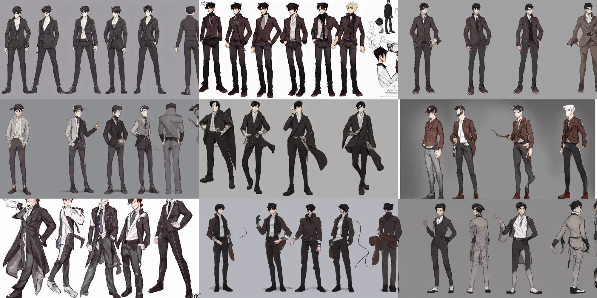 Prompt: character sheet concept art of a mid 2 0's male in fashionable outfit, by qui fang and artgerm, studio trigger