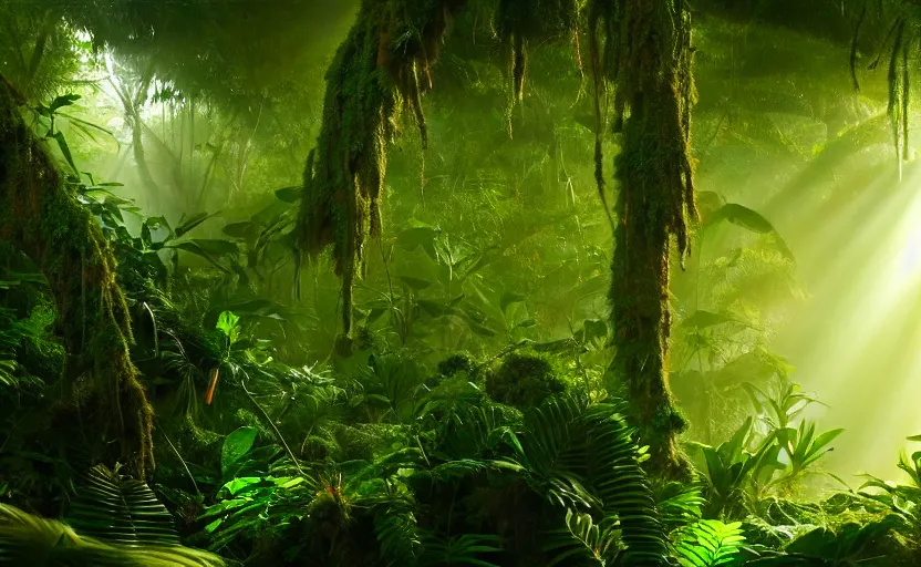 Image similar to a beautiful render of a prehistoric rainforest, lush flora, insects flying around, dark green, orange, intricate detail, god rays, hazy, humid, volumetric lighting, 8 k, photorealistic, raytracing effects, unreal engine 5