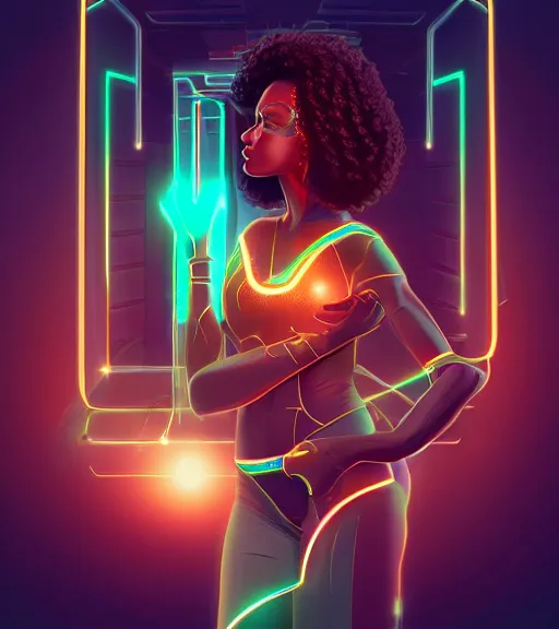 Image similar to symmetry!! ethiopian princess of technology, solid cube of light, hard edges, product render retro - futuristic poster scifi, lasers and neon circuits, brown skin man ethiopian princess, intricate, elegant, highly detailed, digital painting, artstation, concept art, smooth, sharp focus, illustration, dreamlike, art by artgerm