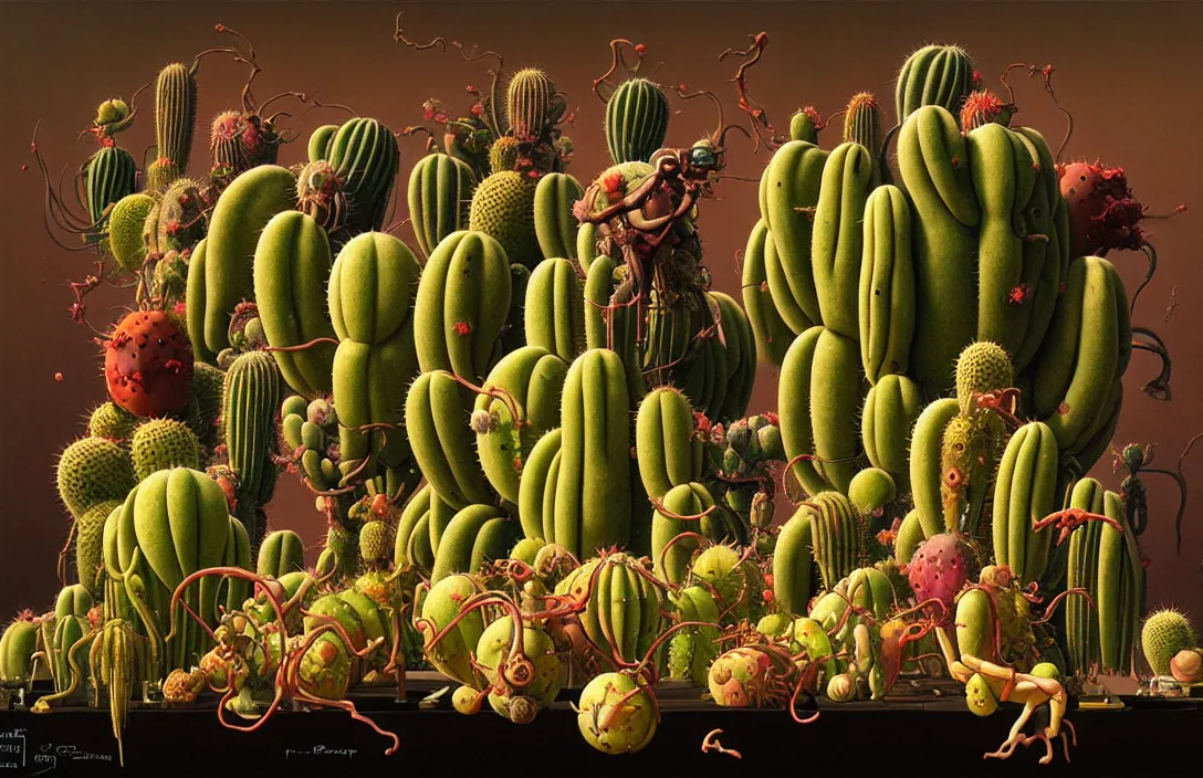 Prompt: a still life of robotic fruit and cactus in the style of wayne barlowe, gustav moreau, peter mohrbacher, bussiere, roberto ferri, santiago caruso, luis ricardo falero, austin osman spare, boris vallejo, hajime sorayama, dali