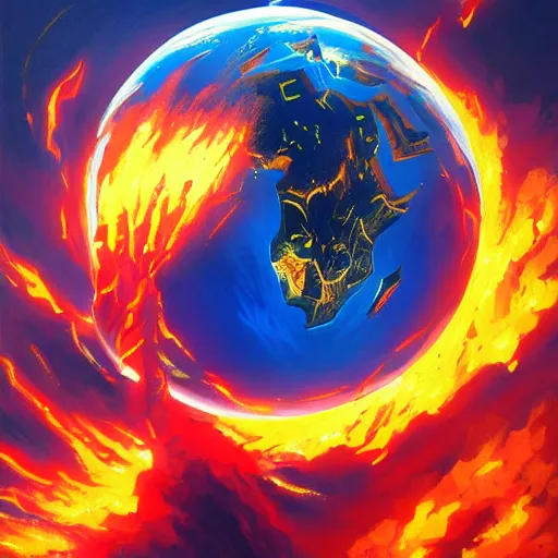 Image similar to earth on fire in space, painting, Artstation