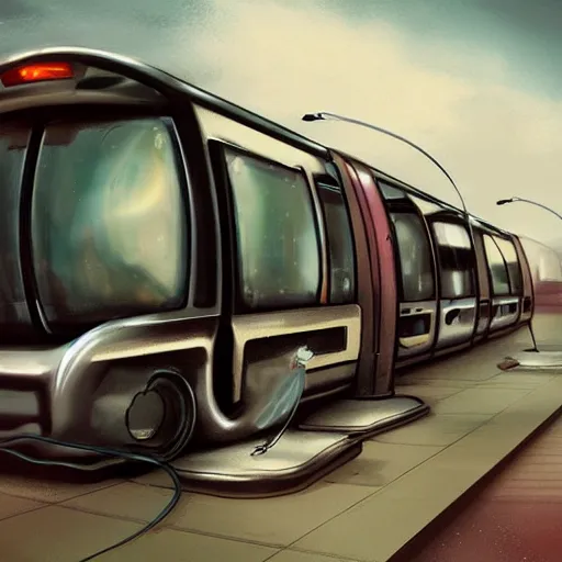 Image similar to robots on the road, quadruped machines as public transportation, wheelless vehicles, futuristic illustration, science fiction concept art