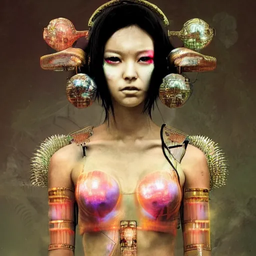 Prompt: cyberpunk geisha warrior by cy Twombly and BASTIEN LECOUFFE DEHARME, iridescent, fractal costume detail, high tech, circuit boards