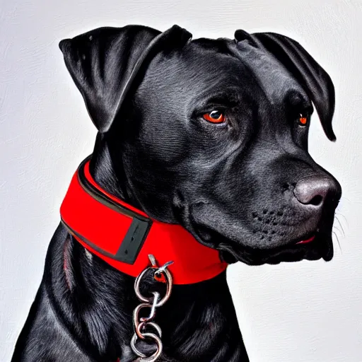 Image similar to painting of a black cyborg pitbull lab wearing thin red dog - collar, hyper detailed, thin brush strokes, oil painting