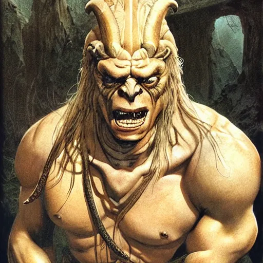 Image similar to head and shoulders ( ( ( vogue fashion photo portrait ) ) ) of an ogre barbarian, d & d, fantasy, greg rutkowski, frank frazetta, alexandre chaudret, boris vallejo, michael whelan, miro petrov, hr giger, magali villeneuve, donato giancola