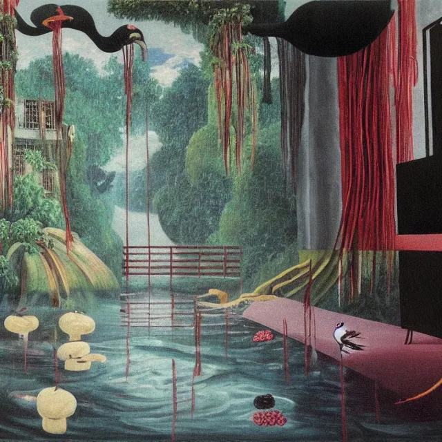 Image similar to painting of flood waters inside an apartment, emo catgirl art student, a river flooding inside, taps with running water, tangelos, zen, pigs, ikebana, water, river, rapids, waterfall, black swans, canoe, pomegranate, berries dripping, acrylic on canvas, surrealist, by magritte and monet