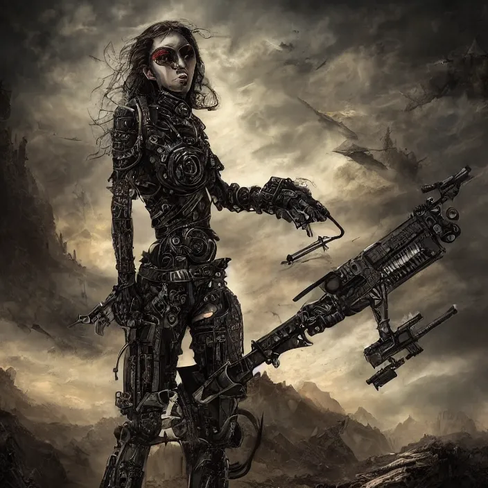 Image similar to apocalyptic woman attached to machine weaponry, hyper - detailed, smooth, sharp focus, 4 k ultra hd, fantasy dark art