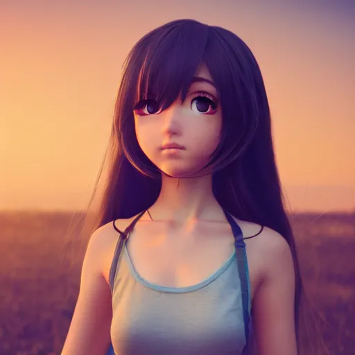 Image similar to Render of a very beautiful 3d anime girl, long hair, hazel eyes, cute freckles, full round face, short smile, cute sundress, golden hour, blue background, medium shot, mid-shot, highly detailed, trending on Artstation, Unreal Engine 4k