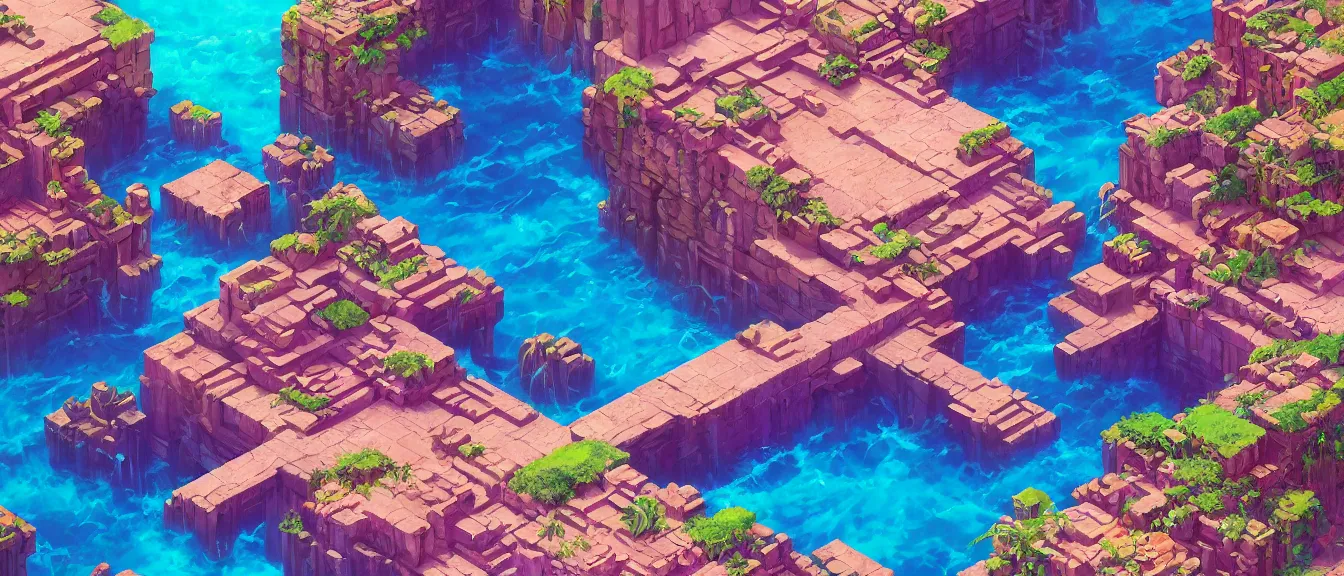 Image similar to isometric aztec ruins on a colorful ocean, unreal engine, fantasy art by greg, loish, rhads, ferdinand knab, makoto shinkai, lois van baarle, ilya kuvshinov, rossdraws, tom bagshaw, global illumination, radiant light, highly detailed and intricate environment, trending onstudio ghibli, octane render, 8 k