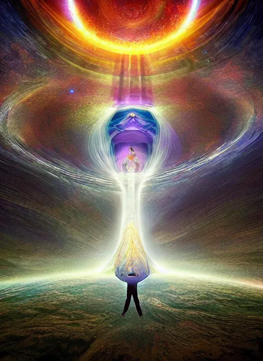 Image similar to the expansion of self realization, portrait, while tipping hallucinogenic dmt, space and time bending into a vortex of subjective reality, event horizon from within, ron walotsky, michal karcz